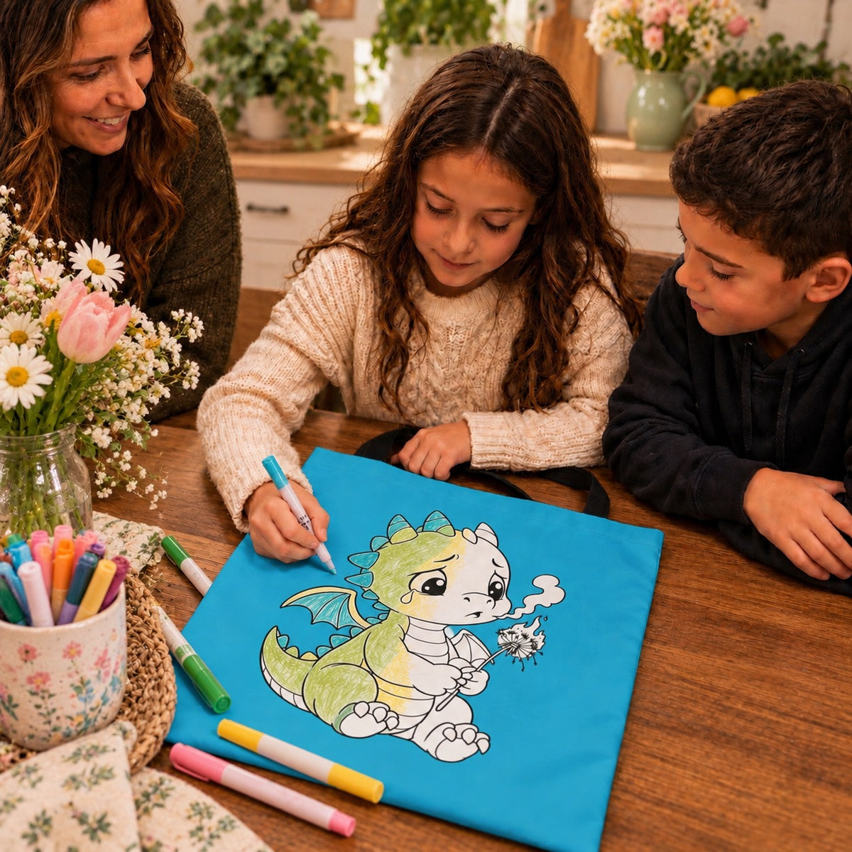 Color Your Own Baby Dragon And Dandelion Blue Canvas Tote Bag | Halloween Candy Trick Or Treat Bag | Kids Halloween Costume Accessory